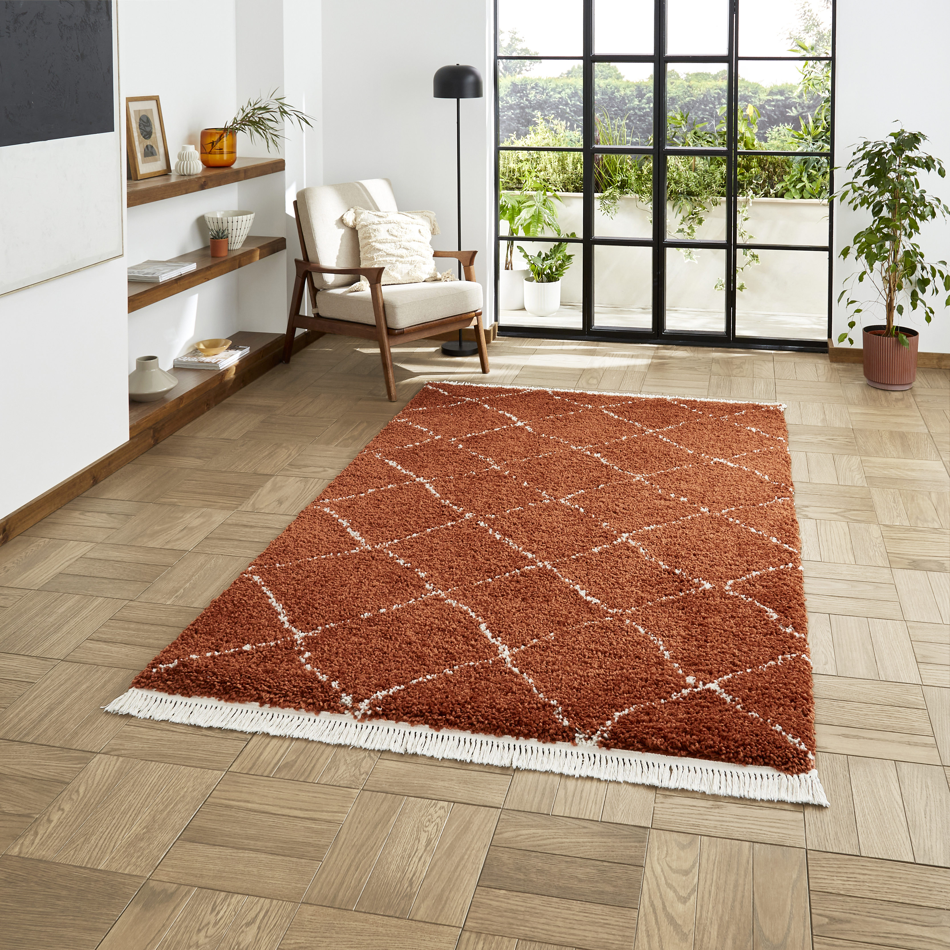 Boho 5413 Berber Shaggy Modern Rugs In Rust Brown